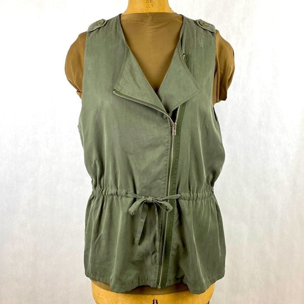 Pixley Asymmetrical Vest Sz Large Jacket Olive Army Green Zipper Cinch Waist Tie